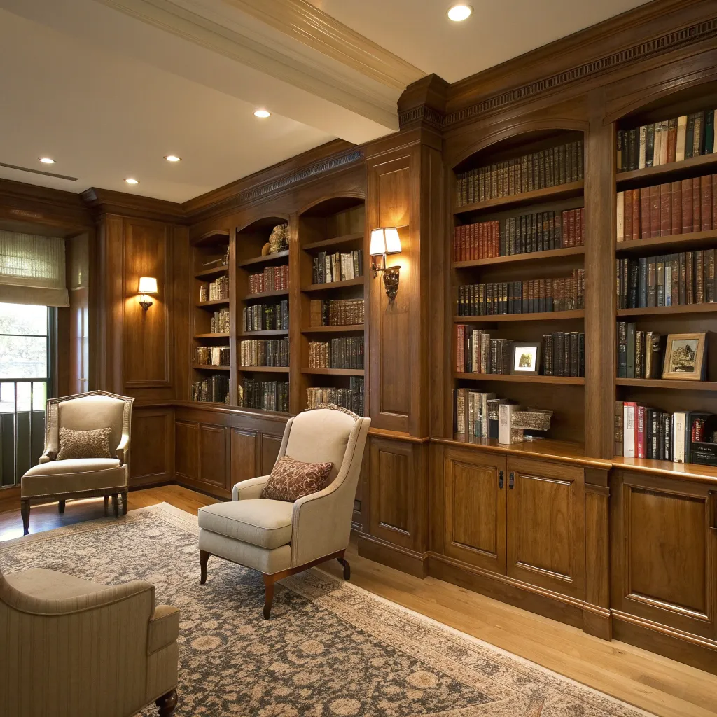 Elegant home library with custom built-in shelves, designed by CYLARITH