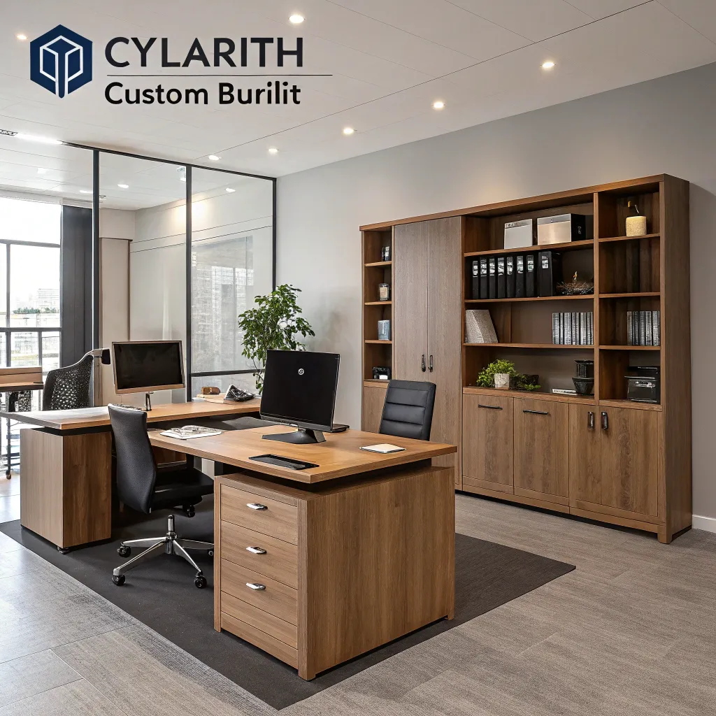 Modern office with custom built-in furniture by CYLARITH, featuring sleek wooden desks and storage